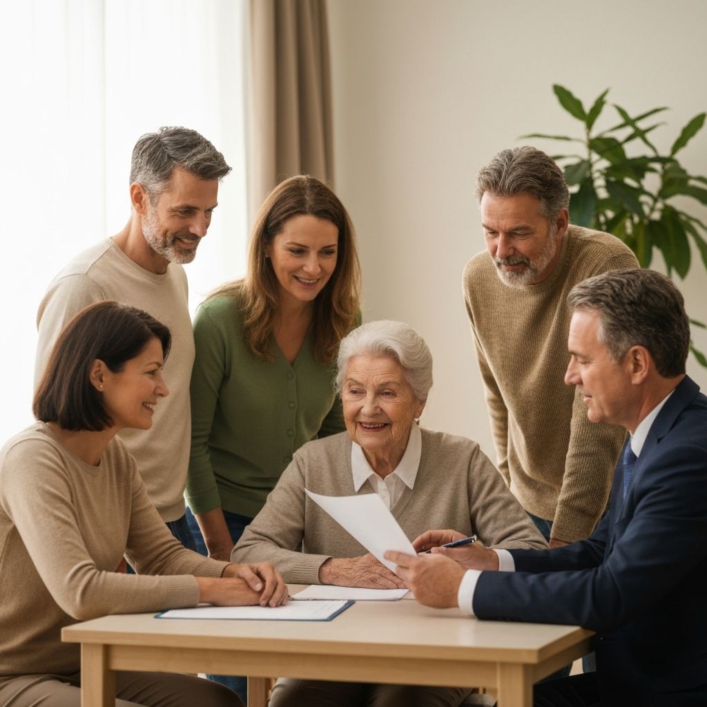 Adult children in their 50s meeting with their elderly mother and Senior Equity Advocates team member